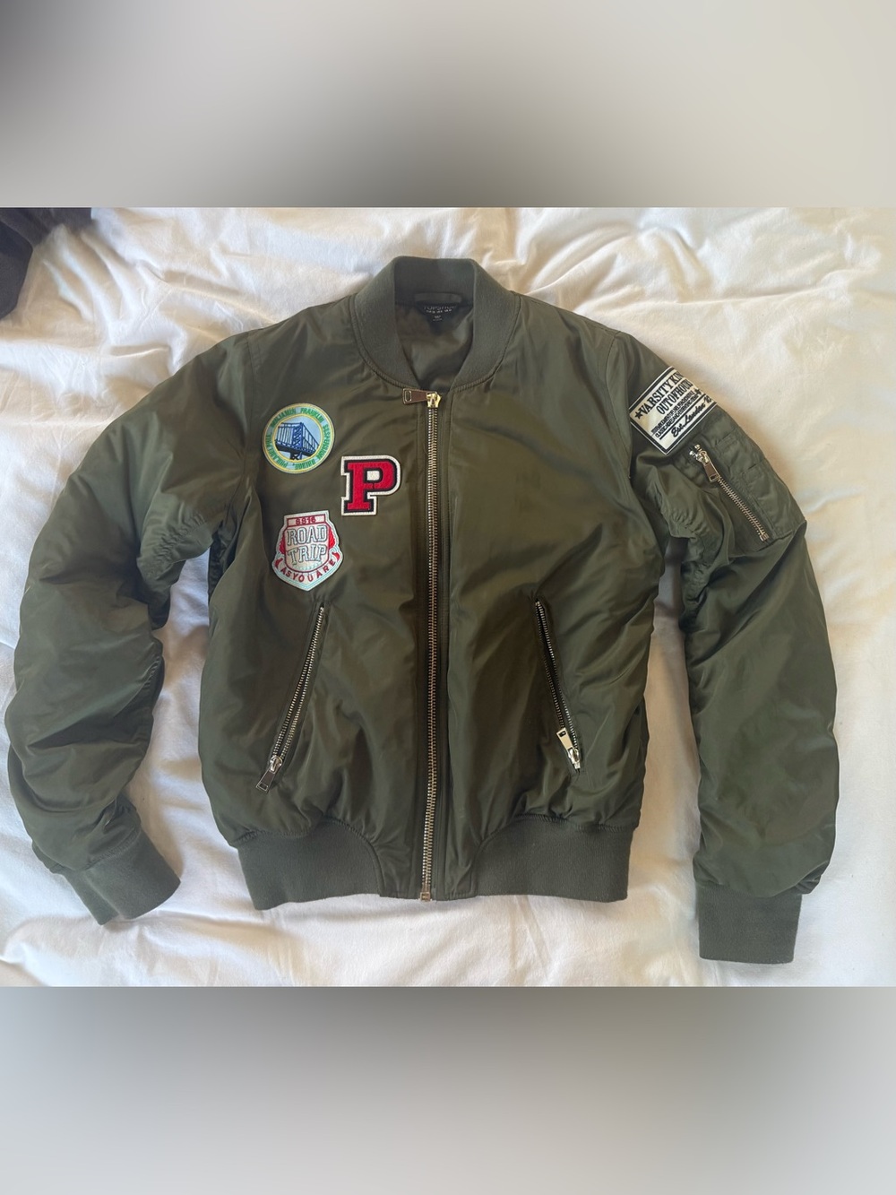 Topshop Olive Green Patch Bomber Jacket